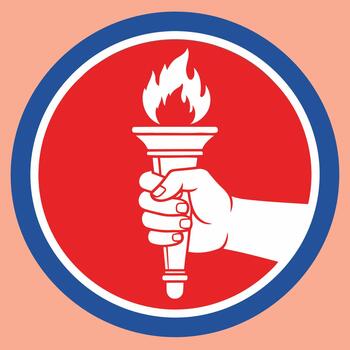 Vibrant emblem featuring a determined hand gripping a fiery torch, symbolizing enlightenment, freedom, and the pursuit of knowledge against a striking red and blue background vector