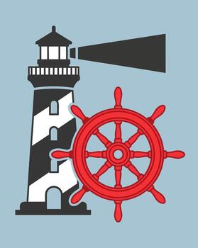 Nautical emblem featuring a classic striped lighthouse beacon guiding the way and a bold red ship's wheel symbolizing command and adventure on the open sea vector