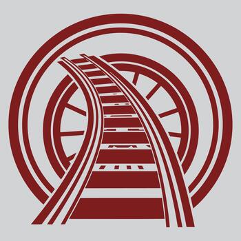 Dynamic emblem featuring a curving railway track over a stylized train wheel, symbolizing journey, progress, and transportation in a striking graphic design vector