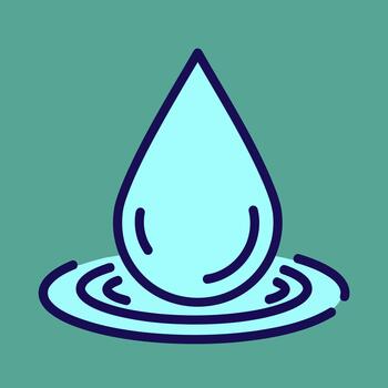 Vibrant emblem depicting a pristine light blue water droplet generating subtle circular ripples on a calm liquid surface, symbolizing purity, freshness, and the essential life-giving flow vector