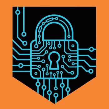 Cybersecurity emblem featuring a technological padlock icon with intricate circuit board patterns, symbolizing digital data protection and network safety vector