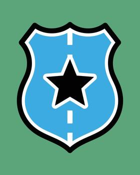 Striking blue and black graphic shield emblem with a prominent star design and road pattern, representing themes of security, journey, and community service vector