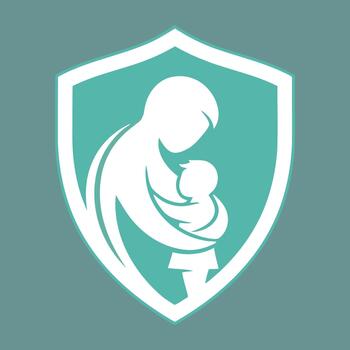 Abstract Logo of a Mother Embracing Her Child Within a Shield, Symbolizing Protection and Nurturing Care vector