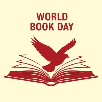 Red silhouette emblem showing a bird of imagination taking flight from the pages of an open book, representing the power of reading and knowledge vector