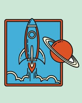 Retro Space Adventure Rocket Ship, Planet, and Cosmic Clouds Illustration for Design vector