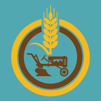 Agricultural emblem featuring a walking tractor, sickle, and wheat stalk within a circular frame, symbolizing farming and harvest vector