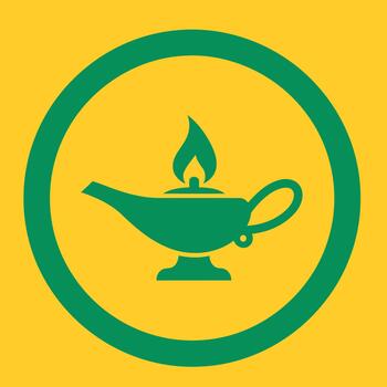 Vibrant green emblem featuring a classic illuminated oil lamp, symbolizing knowledge, wisdom, and intellectual enlightenment. A bright icon for learning and guidance vector