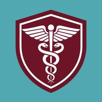 caduceo símbolo dentro granate proteger con alas y serpientes vector