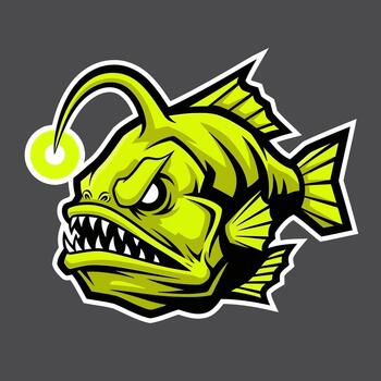 Aggressive anglerfish emblem illustration with sharp teeth and a bioluminescent lure. A powerful deep-sea predator graphic, perfect for mascots, logos, and adventure themes vector