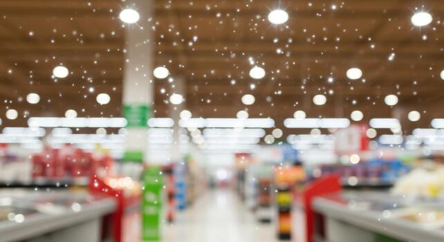 Blurred view of shopping aisle in a grocery store with bokeh lights creating a festive and magical atmosphere perfect for holiday season promotions photo