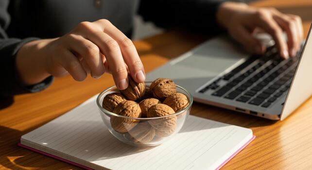 Person snacking on walnuts while working on a laptop in a bright sunny office creating a productive and healthy work environment photo