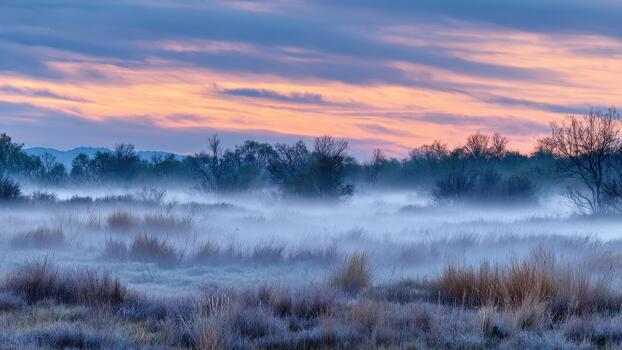 Low ground fog covers a grassy field at sunrise with distant trees and mountain outlines visible photo