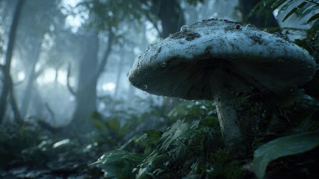 Close up of a large white mushroom with raindrops in a dark misty forest setting photo