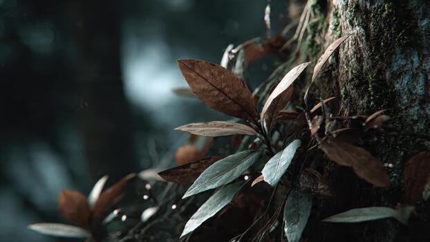 Close up of textured tree bark with dark brown and blue tinged foliage in dim light photo
