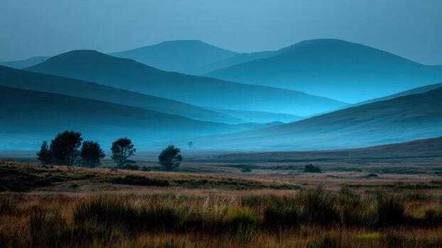 Layered blue mountain ranges recede into atmospheric haze above a grassy moorland with scattered trees photo