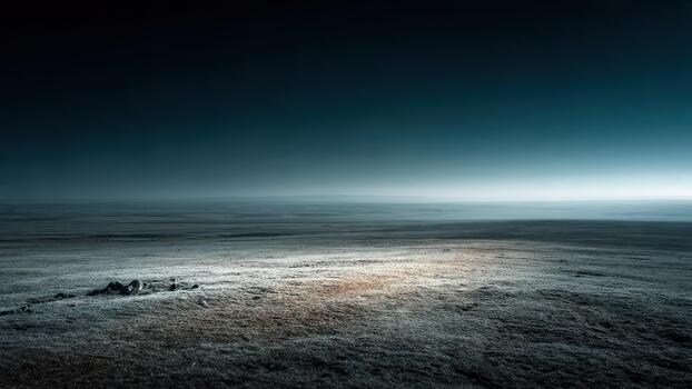 Desolate low lit wide open field under a dark moody vast blue teal gradient sky photo