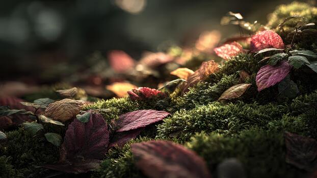 Close up of colorful autumn leaves resting upon vibrant green moss in a shaded forest setting photo