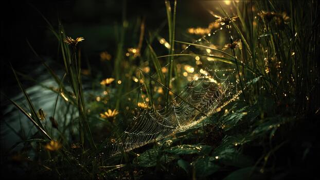 Dew covered spiderweb glistens in dark green grass with bright golden sunlight background bokeh photo