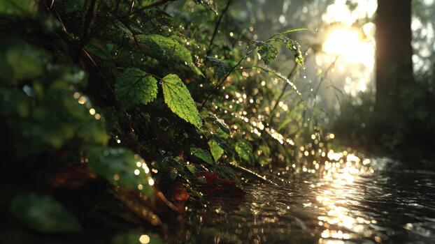 Lush green foliage and flowing water catch brilliant sunlight creating bright bokeh reflections photo