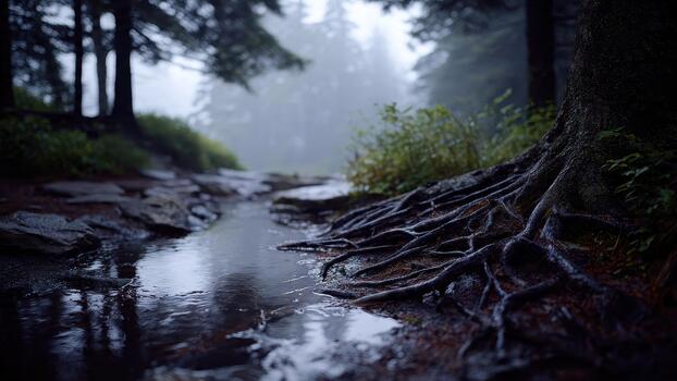 Dark exposed tree roots border a narrow stream flowing along a misty forest path photo