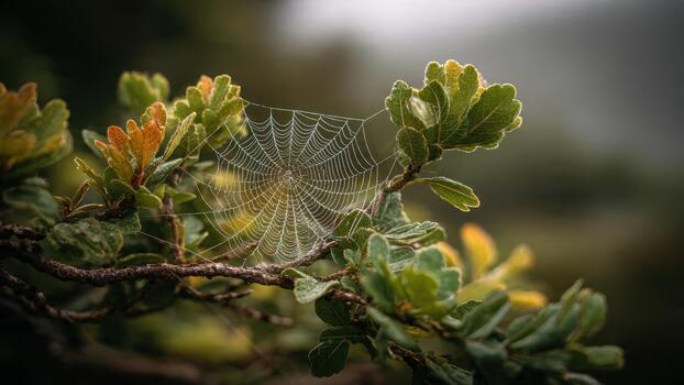 Detailed orb weaver spiderweb covered with morning dew drops on a leafy branch photo