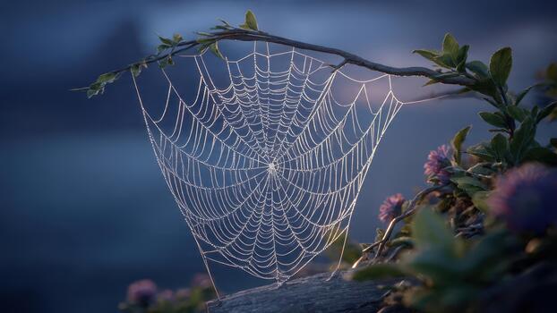 Dew covered spider web strung between a branch and plants against a dark soft blue background photo