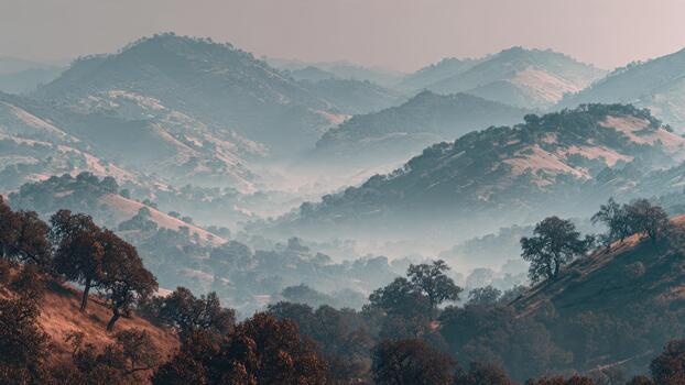 Layered rolling hills covered with scattered trees receding into thick atmospheric blue gray morning fog photo