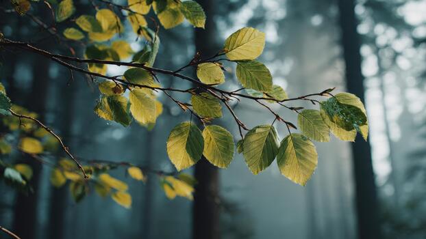 Sunlight illuminates fresh green tree leaves on a dark branch against a misty forest background photo