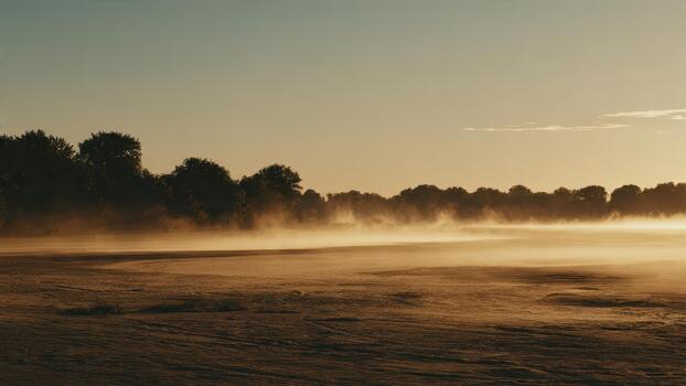 dorado Mañana niebla laminación bajo a través de un oscuro campo con un línea de arboles en el horizonte foto