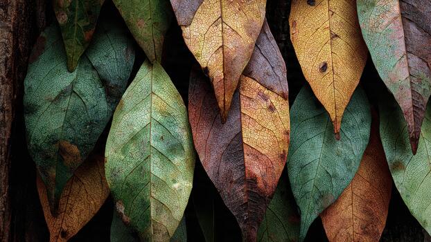 Detailed close up of overlapping autumn leaves showing vibrant green yellow and brown coloration with visible texture photo