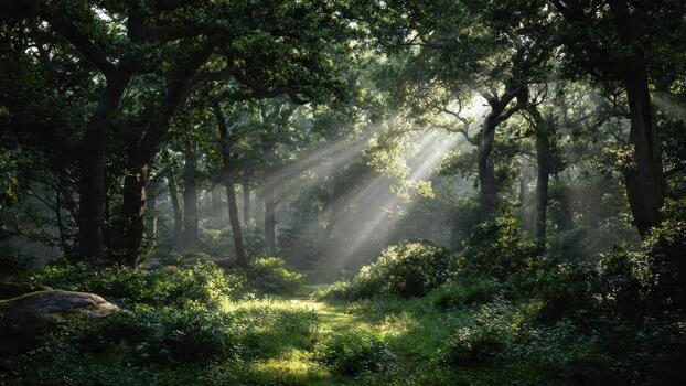 Sun rays stream through a dense lush green forest canopy illuminating a small overgrown path photo