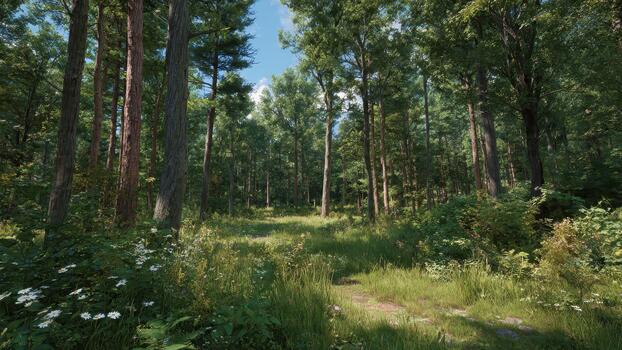 Lush green forest with tall tree trunks and a sunlit grassy path featuring white wildflowers photo