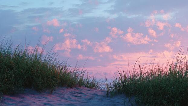 Sandy dune path bordered by tall green dune grass against a pink and blue twilight sky photo