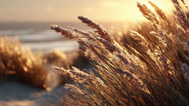 Close up of tall beach grass seed heads backlit by the warm glow of a setting sun over the ocean photo