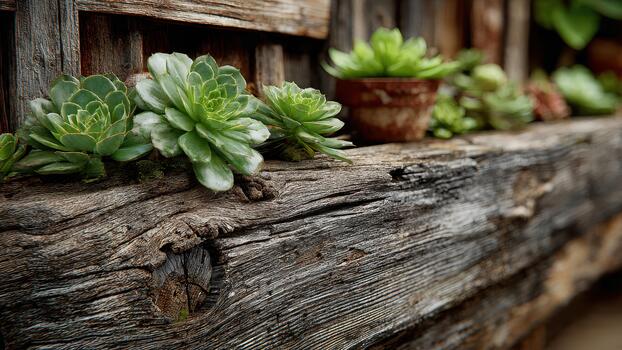 Vibrant green succulents rest upon weathered textured gray wood with a rustic background photo