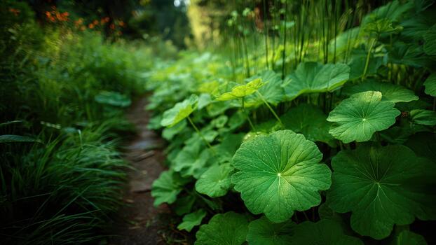 Lush green woodland path bordered by large round leaves and dense vegetation photo