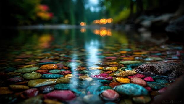 Close up of colorful smooth river stones submerged under clear water surface reflecting distant bokeh lights photo