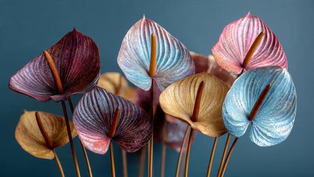 Vibrant multicolored anthurium spathes featuring sparkling texture against a deep blue background photo