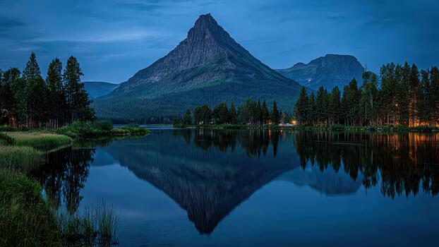 Majestic pointed mountain reflects perfectly in calm lake at deep twilight among dense pine trees photo