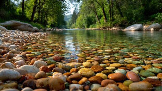 Clear river water flows over colorful smooth pebbles at the edge of a lush green forest photo