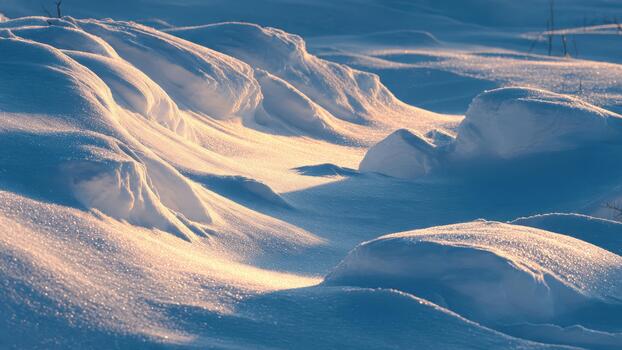 Sculpted snowdrifts illuminated by low sunlight creating textured white and blue shadows photo