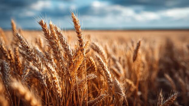 Close up view of ripe golden wheat ears growing in a vast agricultural field under a cloudy sky photo
