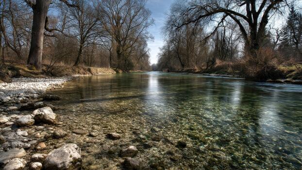 Clear shallow river water flowing over a stony bed bordered by bare trees in late winter photo
