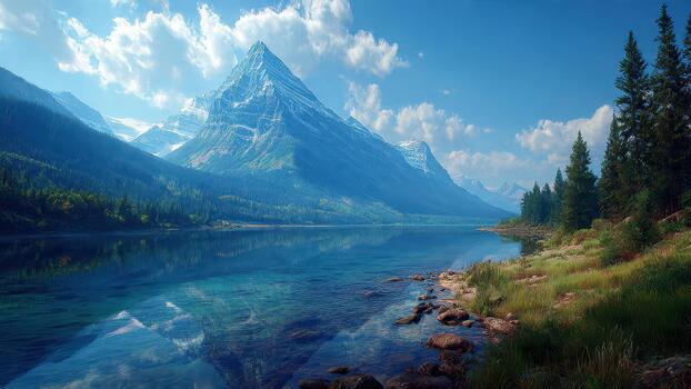 Majestic snow capped mountain reflected in a clear blue alpine lake surrounded by evergreen trees 99 characters photo