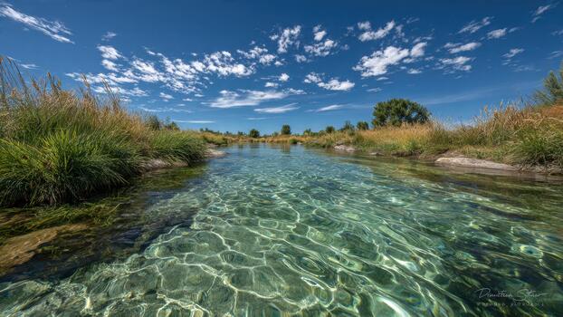 Clear shallow stream water reflects sunlight patterns across banks lined with tall golden and green grasses photo