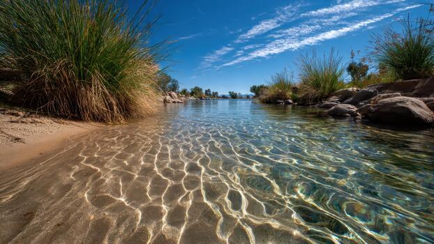 Clear shallow stream water shows rippling light patterns on sandy bottom near reeds and rocks photo