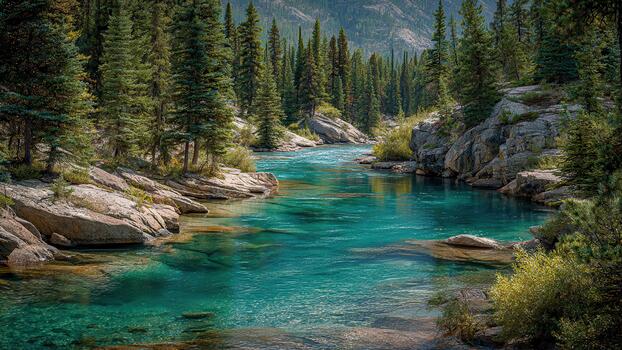 Turquoise river flows through a rocky gorge lined with tall evergreen pine trees under mountain slopes photo