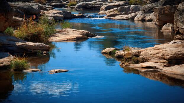 Serene blue river water flows between large tan rock formations with small patches of dry vegetation photo