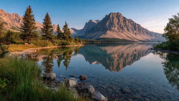 Serene mountain lake reflecting towering peaks and evergreen trees under clear morning sky photo
