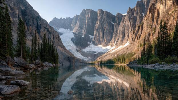 Majestic rugged mountain range towers above a pristine alpine lake reflecting a visible glacier 102 characters photo